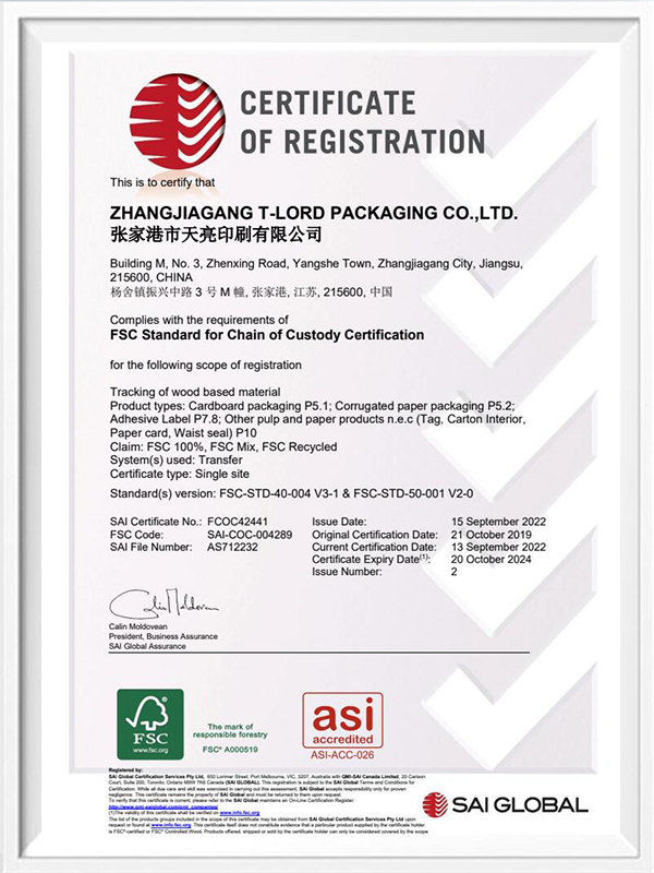 FSC T-LORD PACKAGING CO., LTD Certificaten